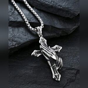 Silver Cross Pendant with Praying Hands